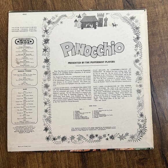 Pinocchio Children's Matinee Music Theater The Peppermint Players LP S8042 - Picture 2 of 4
